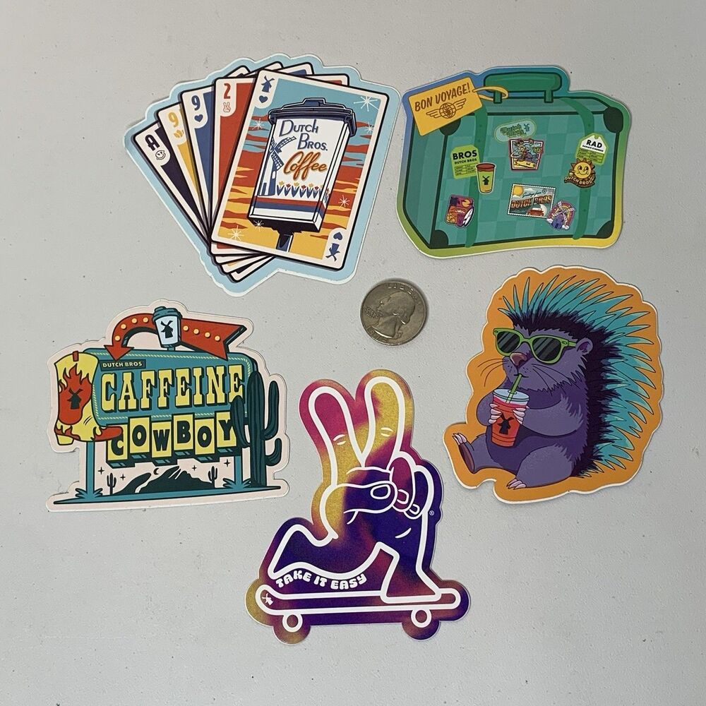 Dutch Bros Stickers Lot Of 5 Ceffeine Cowboy Cards Take It Easy Suitcase